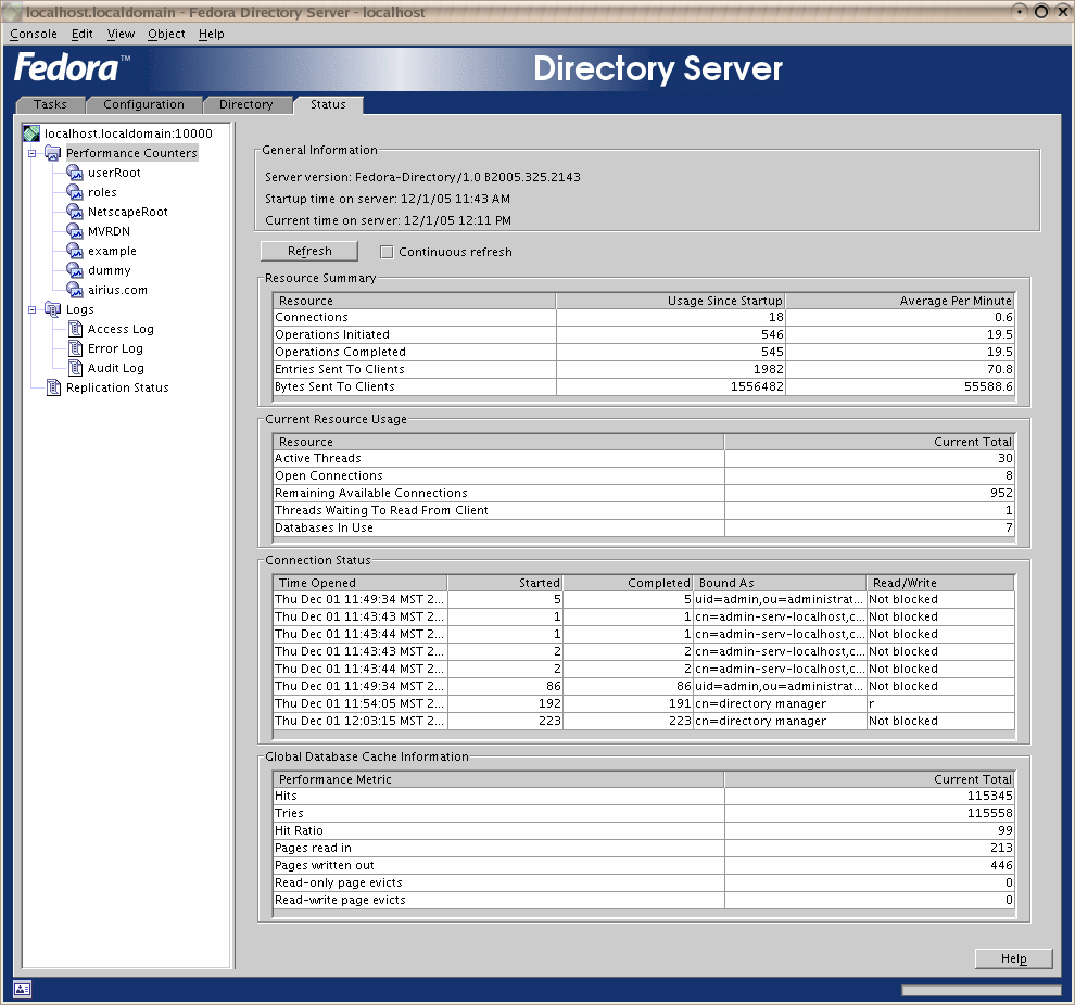 Directory Console Status tab - Server status
