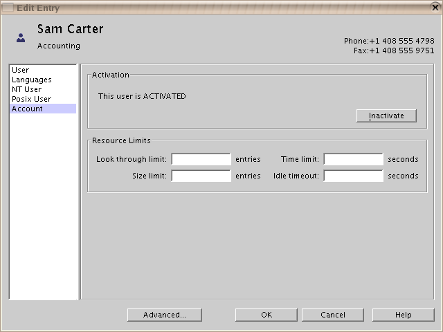 User Editor for inactivation, resource limits, etc.