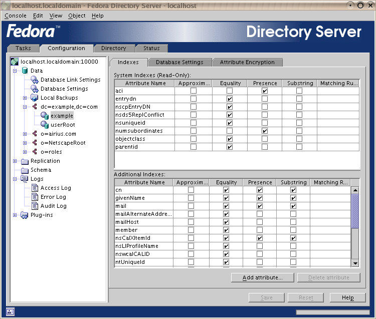 Configuration tab Database configuration