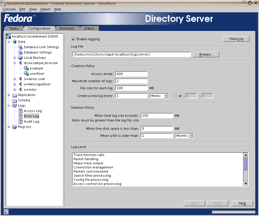 Configuration tab Error Log configuration